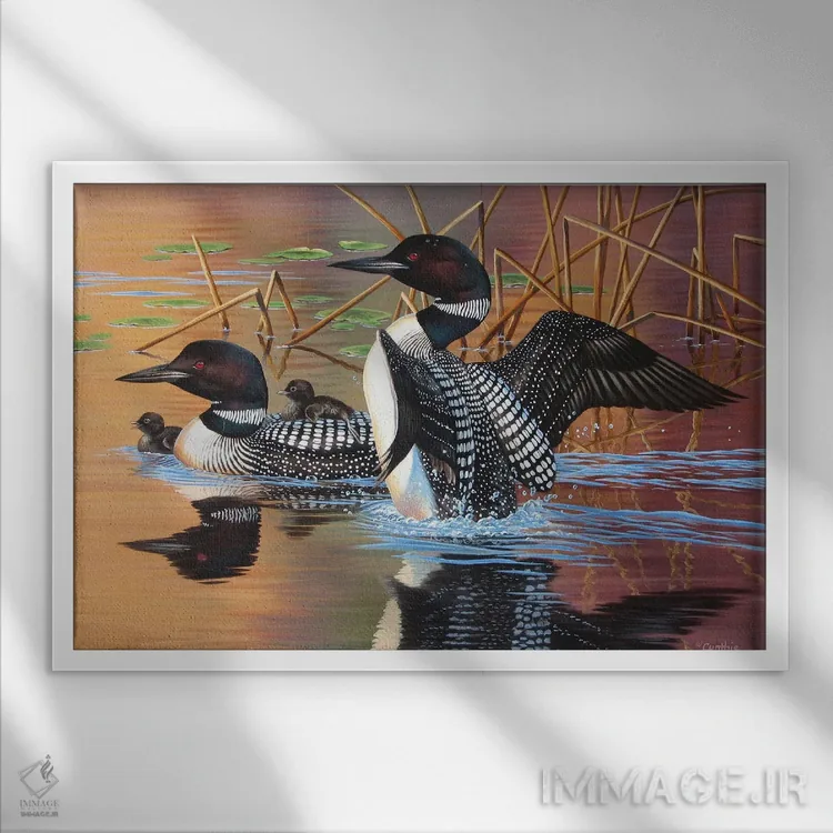 تابلو خانواده لون (پرنده لون) اثر سنتی فیشر - نمای قابدار سفید