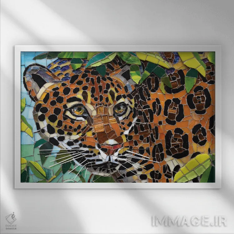 تابلو موزاییک شیشهای جگوار (پلنگ آمریکایی) اثر سنتی فیشر - نمای قابدار سفید