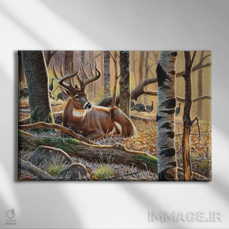 تابلو گوزن دمسفید و بوقلمونها اثر سنتی فیشر - نمای روبهرو روی دیوار