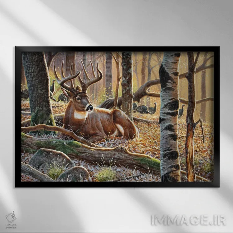 تابلو گوزن دمسفید و بوقلمونها اثر سنتی فیشر - نمای قابدار مشکی