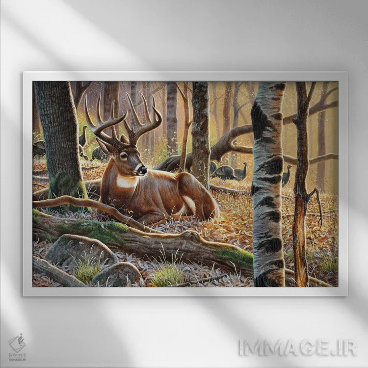 تابلو گوزن دمسفید و بوقلمونها اثر سنتی فیشر - نمای قابدار سفید