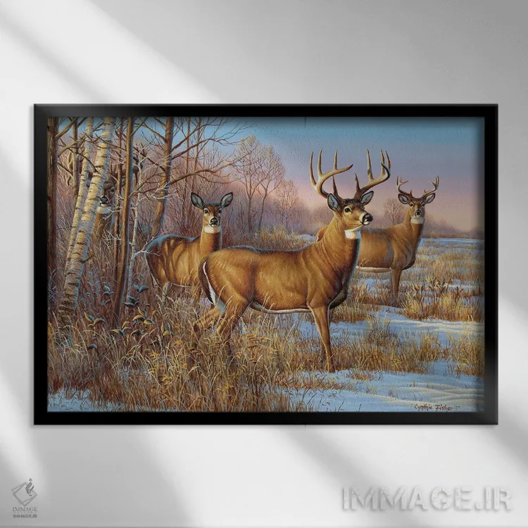 تابلو گوزن دمسفید محتاط اثر سنتی فیشر - نمای قابدار مشکی