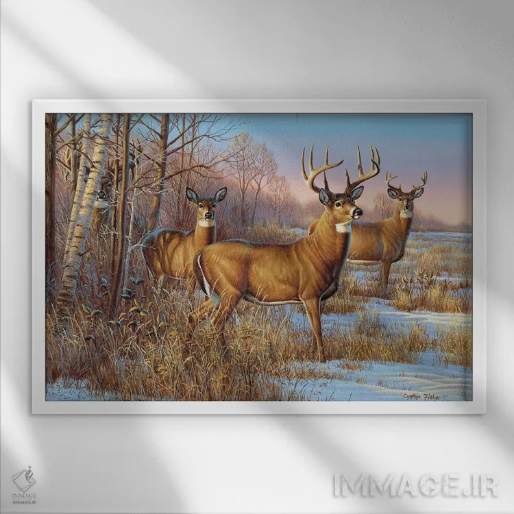 تابلو گوزن دمسفید محتاط اثر سنتی فیشر - نمای قابدار سفید