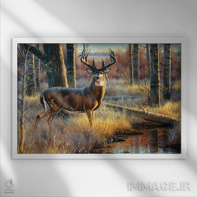 تابلو گوزن دمسفید شاخمخملی اثر سنتی فیشر - نمای قابدار سفید