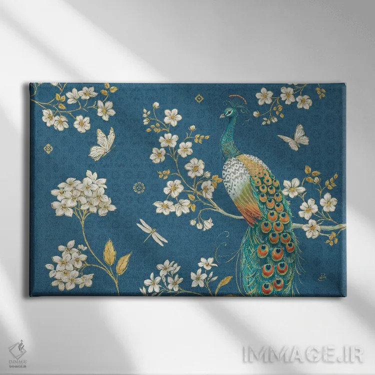 تابلو طاووس پرآذین ۲ آبی اثر دافنه بریسونِه - نمای روبهرو روی دیوار