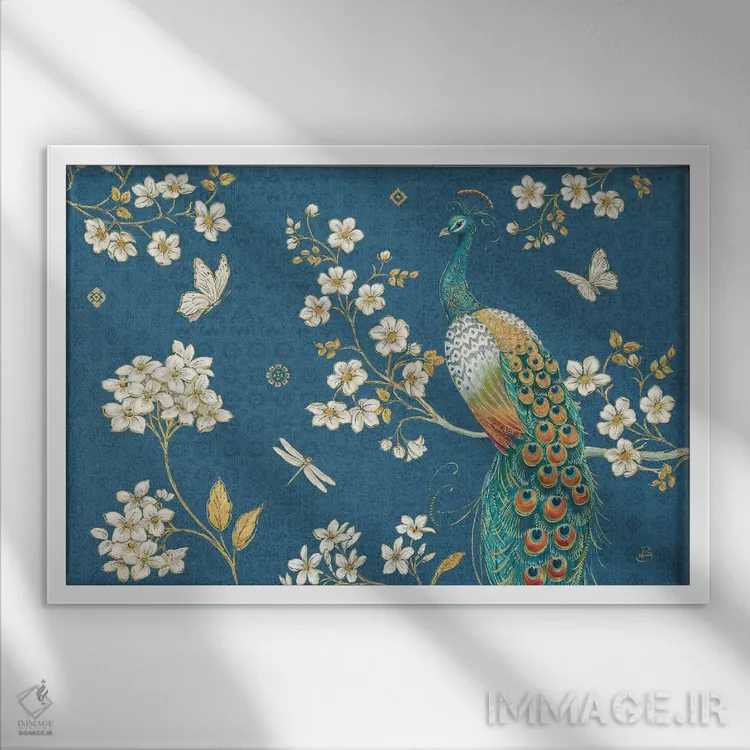 تابلو طاووس پرآذین ۲ آبی اثر دافنه بریسونِه - نمای قابدار سفید