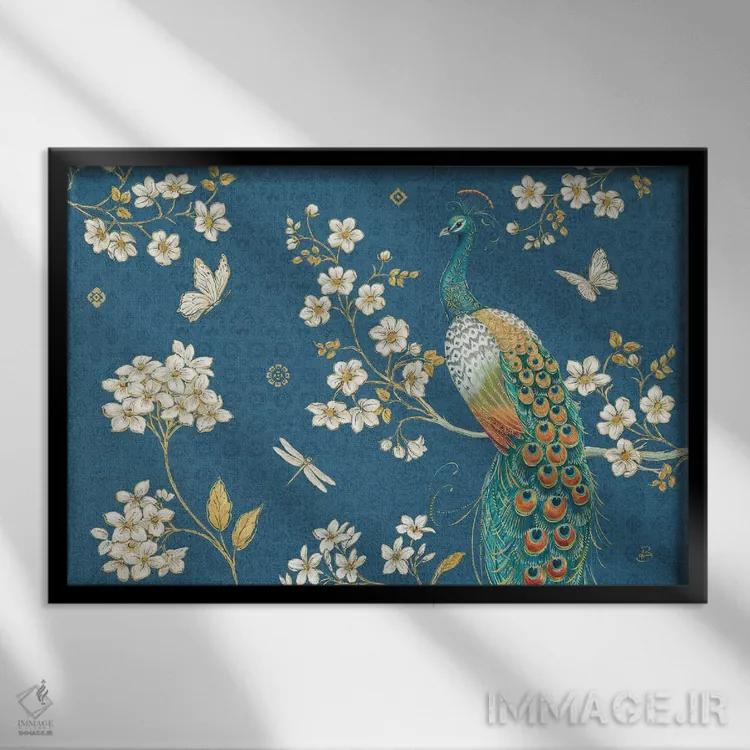 تابلو طاووس پرآذین ۲ آبی اثر دافنه بریسونِه - نمای قابدار مشکی
