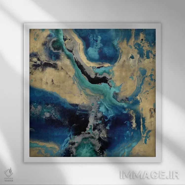 تابلو سنگ با آبی و طلایی اثر دنیل کارسون - نمای قابدار سفید
