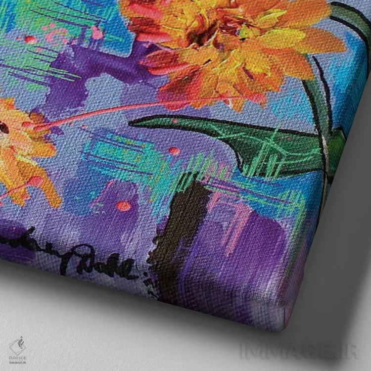 تابلو پرترهٔ زینیا (گل زینیا) اثر لیندزی دال - نمای نزدیک بافت بوم