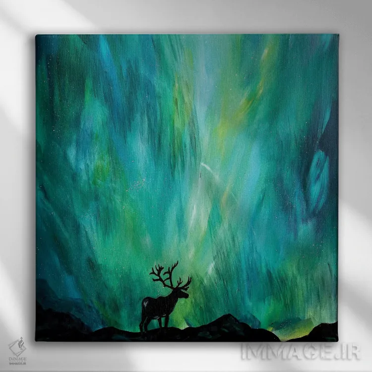 تابلو گوزن شمالی زیر شفق قطبی اثر لیندزی دال - نمای روبهرو روی دیوار