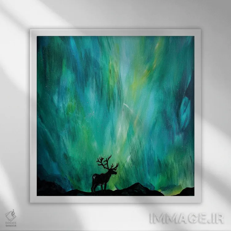 تابلو گوزن شمالی زیر شفق قطبی اثر لیندزی دال - نمای قابدار سفید