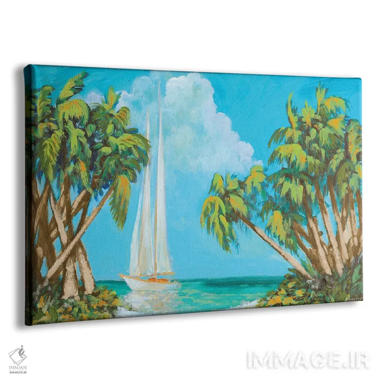 تابلو قایق بادبانی میان نخلها اثر دن منیلی - نمای پرسپکتیو محصول