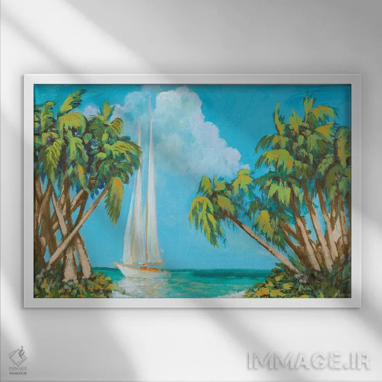 تابلو قایق بادبانی میان نخلها اثر دن منیلی - نمای قابدار سفید