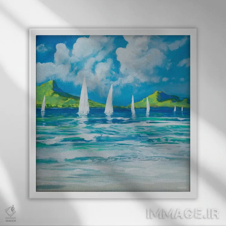 تابلو ساحلِ ترک با قایق I اثر دن منیلی - نمای قابدار سفید