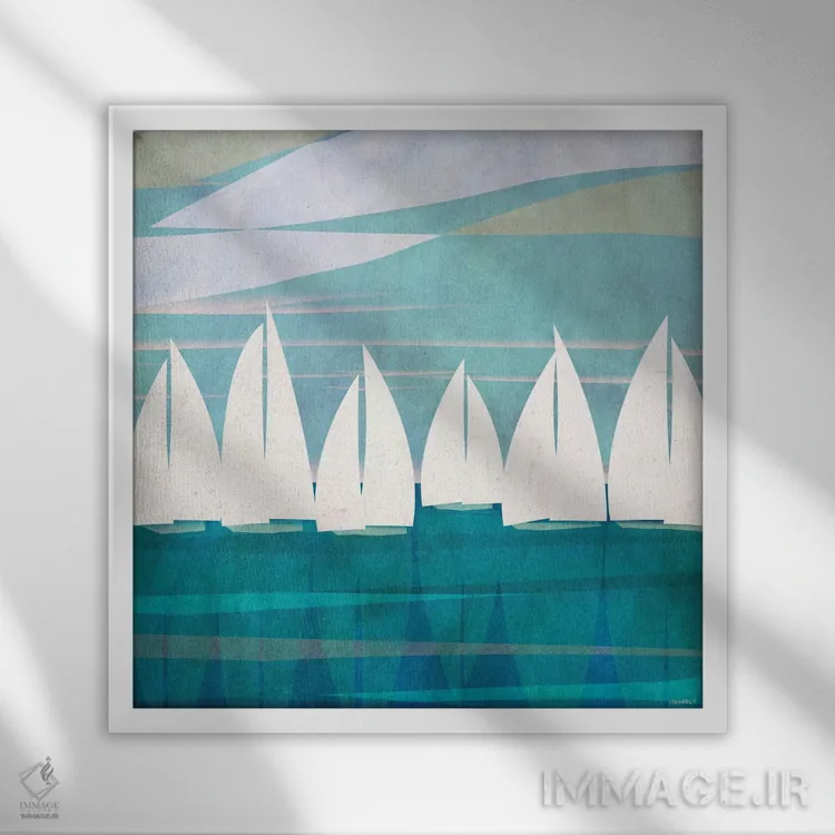 تابلو مسابقهٔ قایقرانی عصر I اثر دن منیلی - نمای قابدار سفید