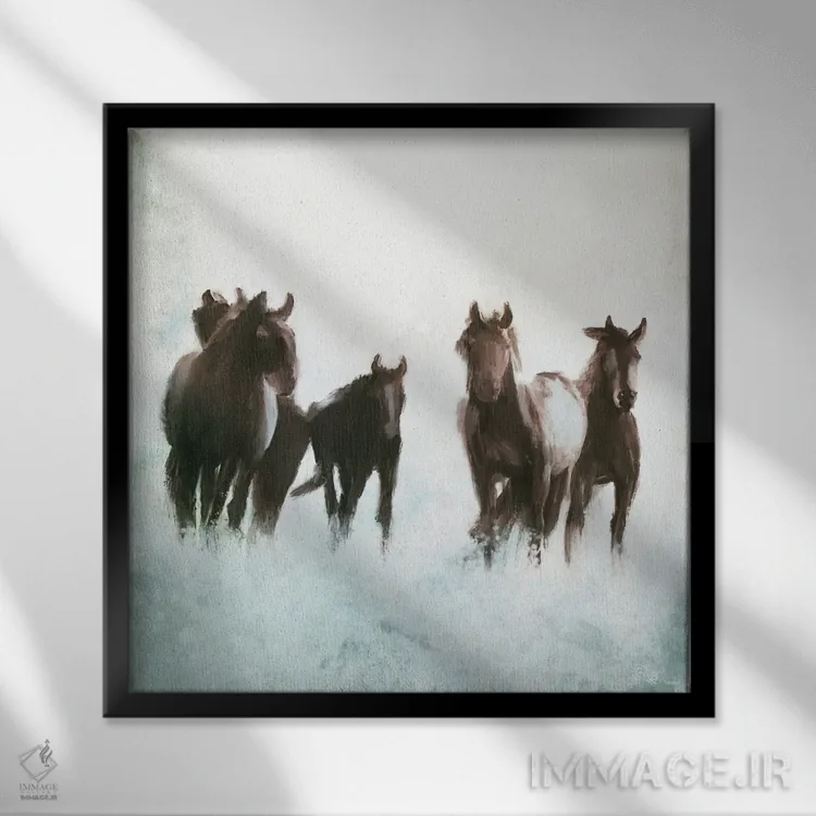 تابلو اسبها در حال دویدن در میان موجها اثر دن منیلی - نمای قابدار مشکی