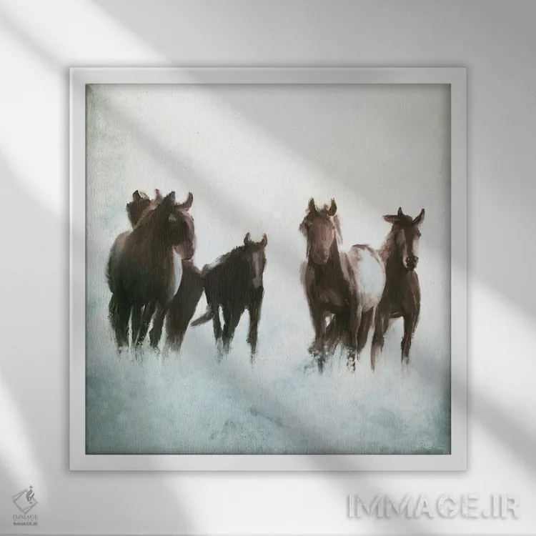 تابلو اسبها در حال دویدن در میان موجها اثر دن منیلی - نمای قابدار سفید