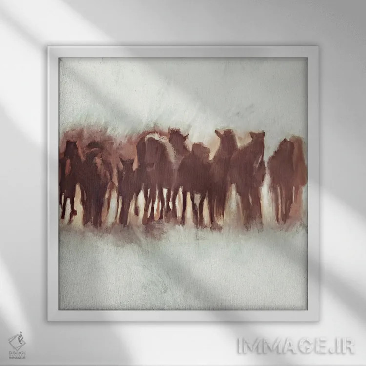 تابلو گروه اسبهای قهوهای در حال دویدن اثر دن منیلی - نمای قابدار سفید