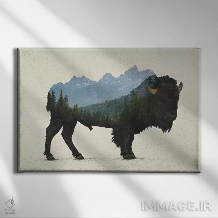 تابلو گاومیش کوهاندار پارک گرند تتون اثر دیوایز بیبیز (نام هنری) - نمای روبهرو روی دیوار