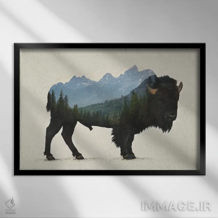 تابلو گاومیش کوهاندار پارک گرند تتون اثر دیوایز بیبیز (نام هنری) - نمای قابدار مشکی