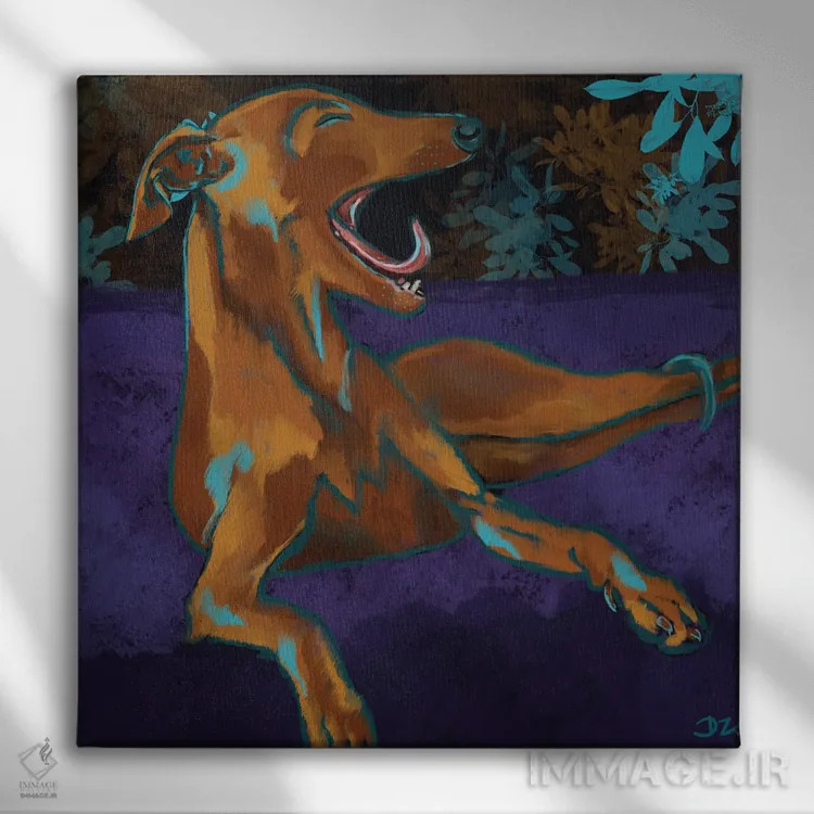 تابلو خمیازهٔ گریهوند (سگ تازی) اثر دائو زد - نمای روبهرو روی دیوار