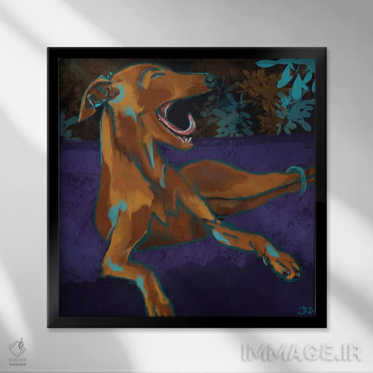 تابلو خمیازهٔ گریهوند (سگ تازی) اثر دائو زد - نمای قابدار مشکی