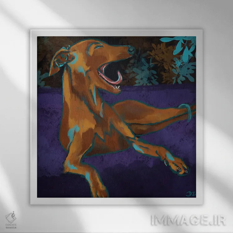 تابلو خمیازهٔ گریهوند (سگ تازی) اثر دائو زد - نمای قابدار سفید