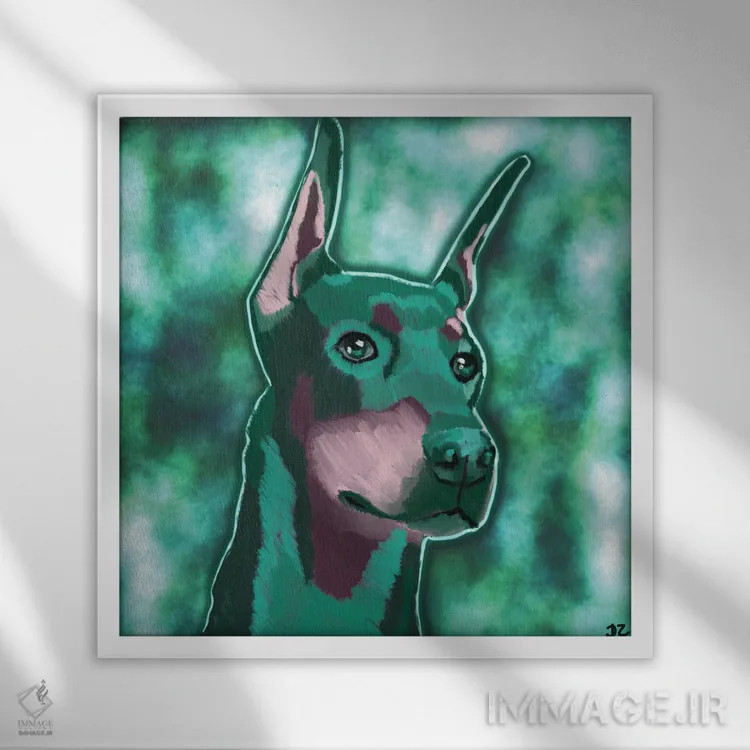 تابلو دبرمن (نژاد سگ) اثر دائو زد - نمای قابدار سفید