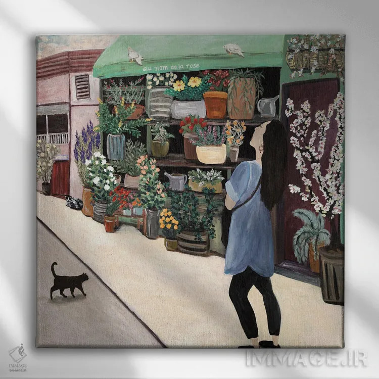 تابلو خریدار گل در سن ژرمن اثر دبورا ایو آلاسترا - نمای روبهرو روی دیوار