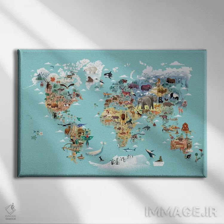 تابلو نقشهٔ حیوانات جهان اثر دیتِر براون - نمای روبهرو روی دیوار