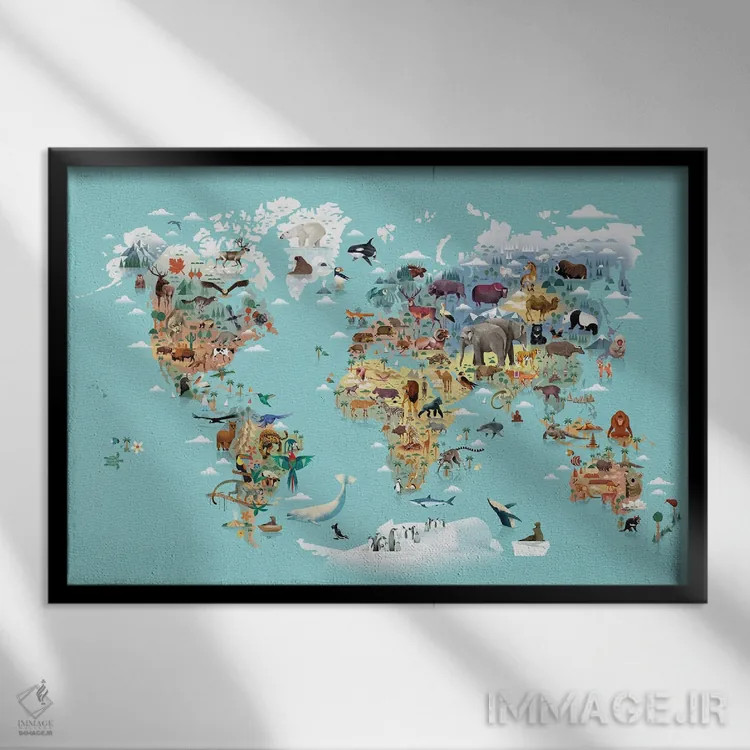 تابلو نقشهٔ حیوانات جهان اثر دیتِر براون - نمای قابدار مشکی