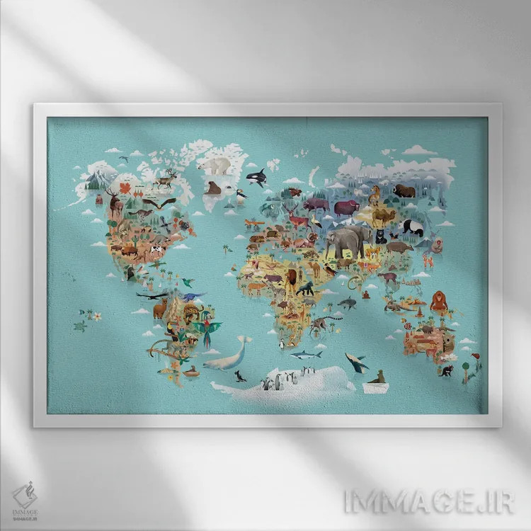 تابلو نقشهٔ حیوانات جهان اثر دیتِر براون - نمای قابدار سفید