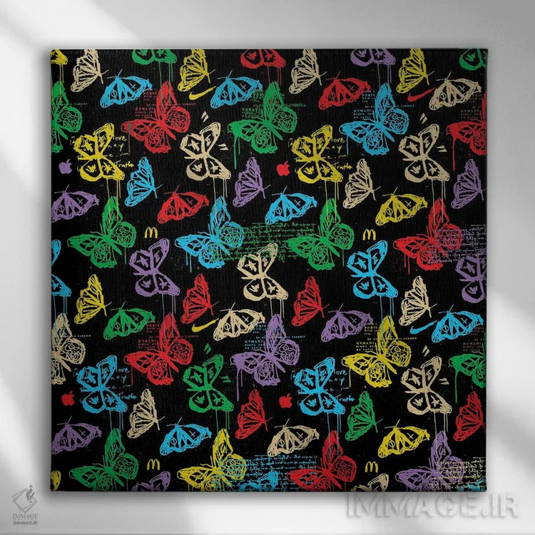 تابلو طرح آیکون پروانه (سیاه رنگارنگ) اثر دای کریس آرت (هنرمند) - نمای روبهرو روی دیوار