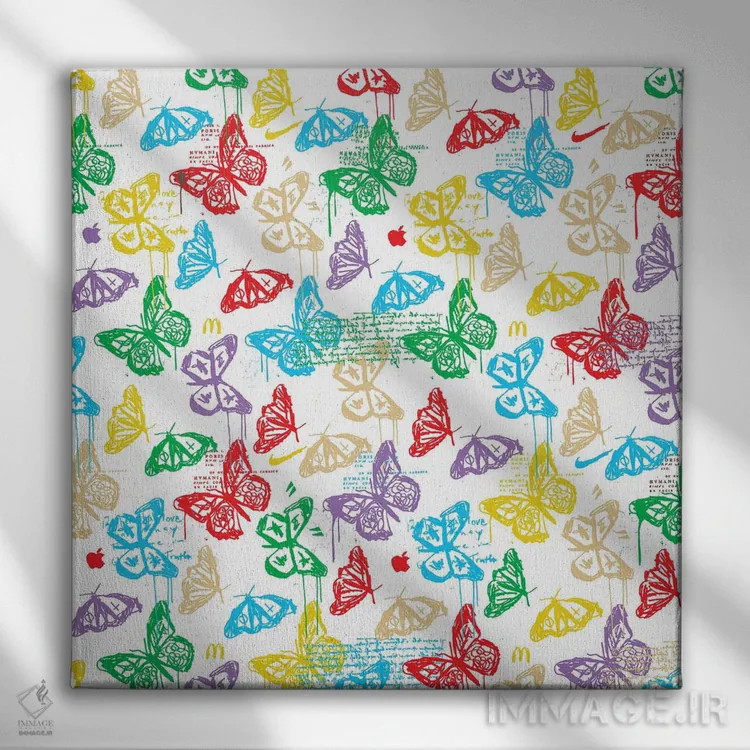 تابلو طرح آیکون پروانه (سفید رنگارنگ) اثر دای کریس آرت (هنرمند) - نمای روبهرو روی دیوار