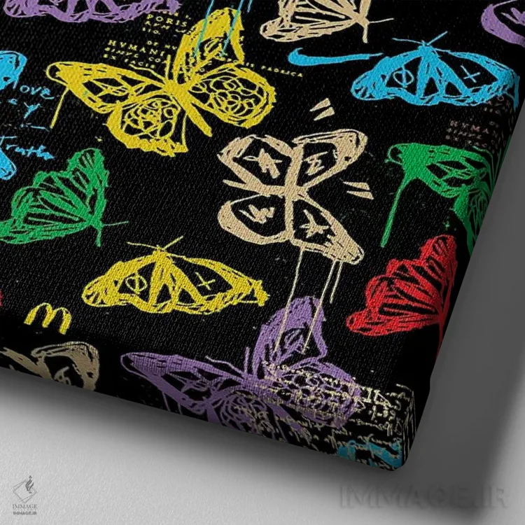 تابلو طرح آیکون پروانه (سیاه رنگارنگ) اثر دای کریس آرت (هنرمند) - نمای نزدیک بافت بوم