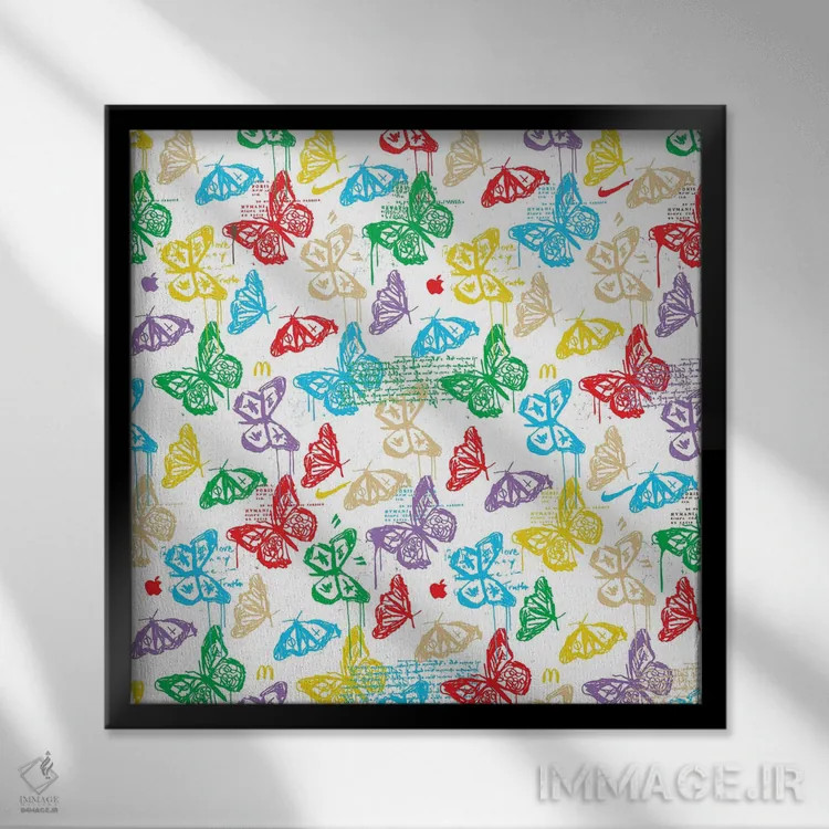 تابلو طرح آیکون پروانه (سفید رنگارنگ) اثر دای کریس آرت (هنرمند) - نمای قابدار مشکی