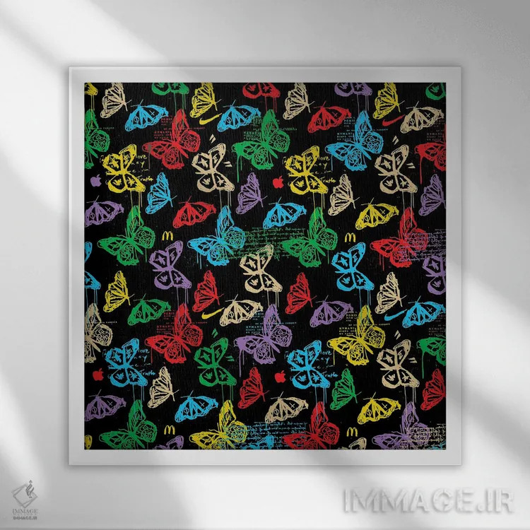 تابلو طرح آیکون پروانه (سیاه رنگارنگ) اثر دای کریس آرت (هنرمند) - نمای قابدار سفید