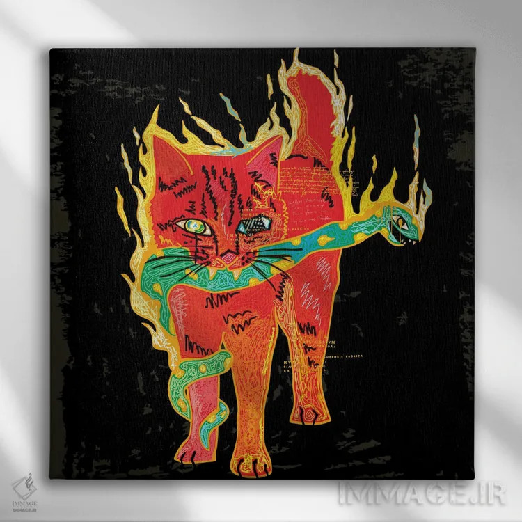 تابلو گربه و مار (به سبک خطخطی) اثر دای کریس آرت (هنرمند) - نمای روبهرو روی دیوار