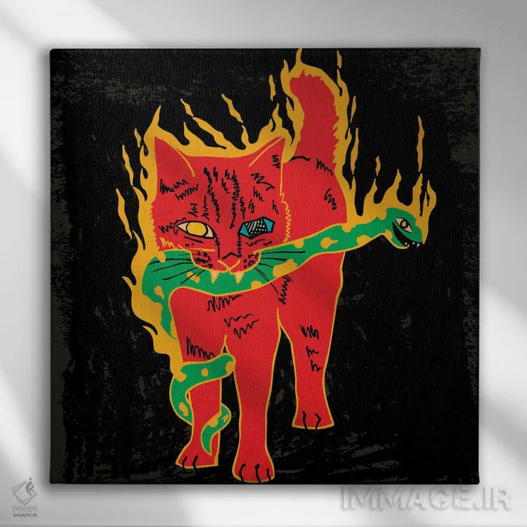 تابلو گربه و مار (شعلههای زرد) اثر دای کریس آرت (هنرمند) - نمای روبهرو روی دیوار