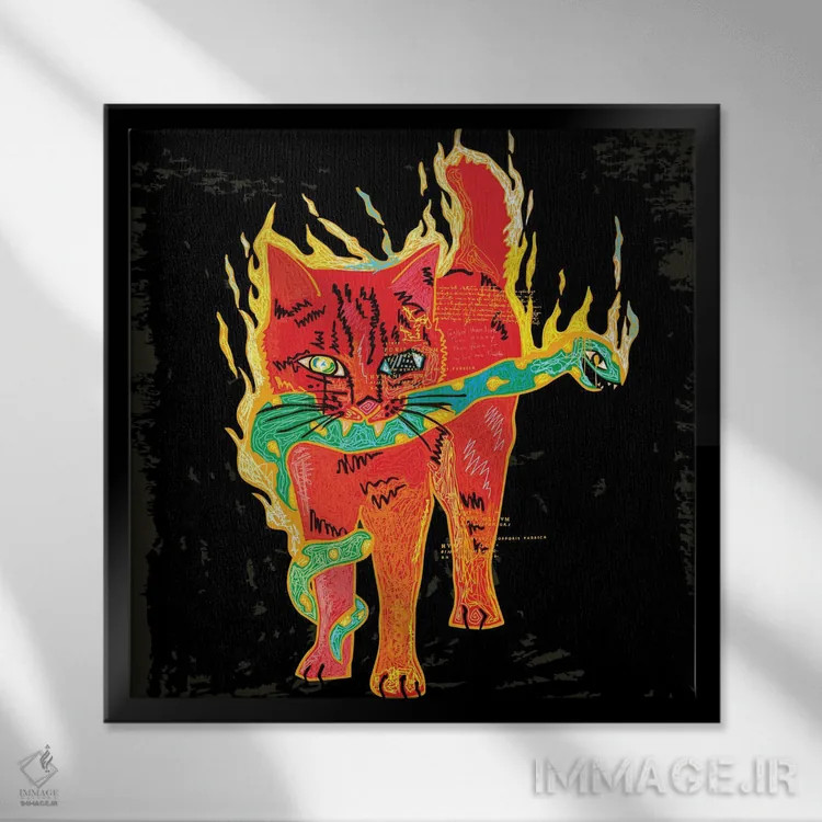 تابلو گربه و مار (به سبک خطخطی) اثر دای کریس آرت (هنرمند) - نمای قابدار مشکی