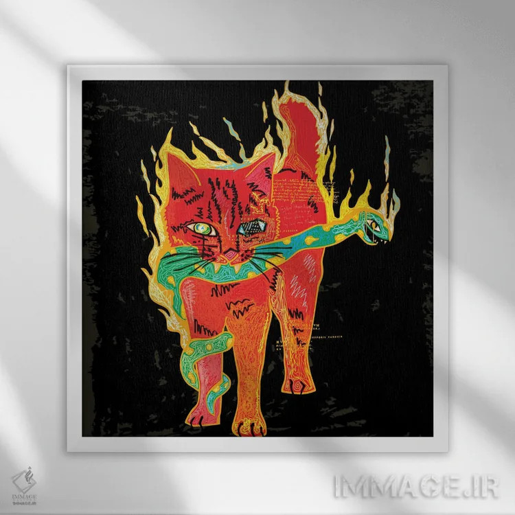 تابلو گربه و مار (به سبک خطخطی) اثر دای کریس آرت (هنرمند) - نمای قابدار سفید