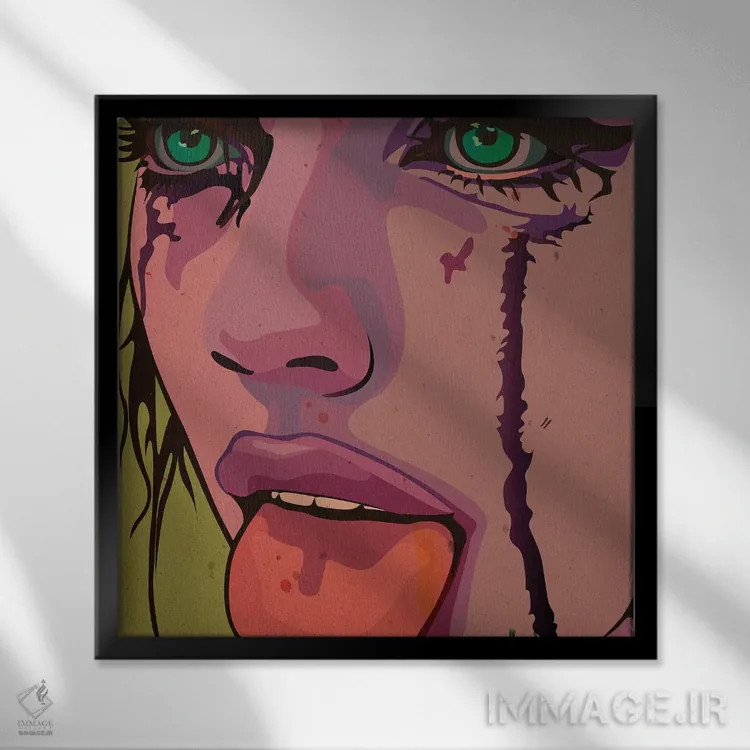 تابلو دختر ماسکارا با زبان بیرون اثر دای کریس آرت (هنرمند) - نمای قابدار مشکی