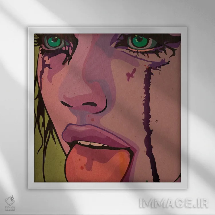 تابلو دختر ماسکارا با زبان بیرون اثر دای کریس آرت (هنرمند) - نمای قابدار سفید