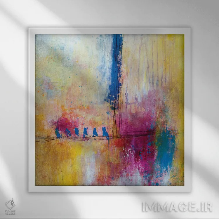 تابلو پرندگان روی سیم اثر دب چانی - نمای قابدار سفید