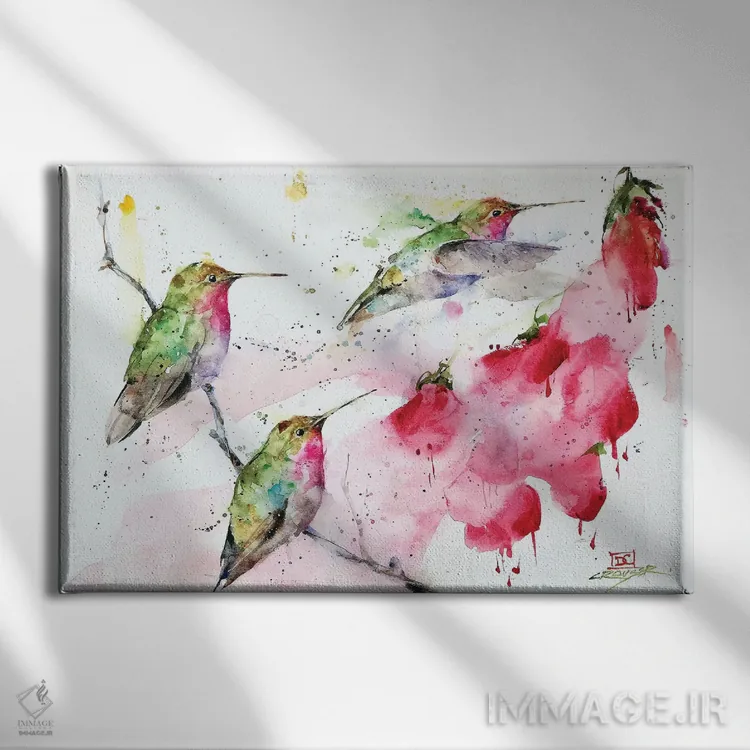 تابلو مرغان مگسخوار و گلها اثر باور کراوزر - نمای روبهرو روی دیوار
