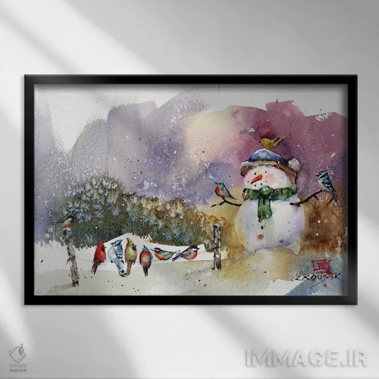 تابلو آدمبرفی و پرندگان آوازخوان اثر باور کراوزر - نمای قابدار مشکی