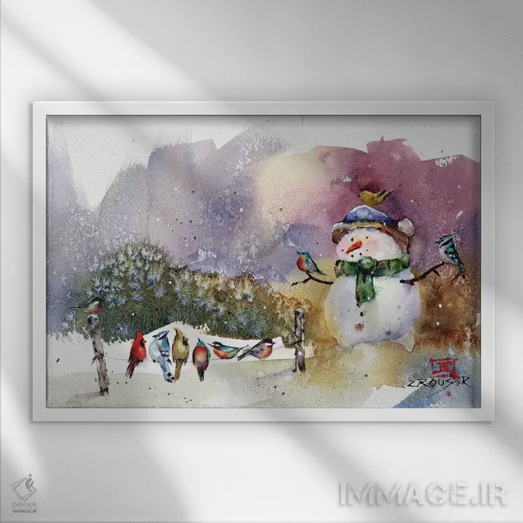 تابلو آدمبرفی و پرندگان آوازخوان اثر باور کراوزر - نمای قابدار سفید