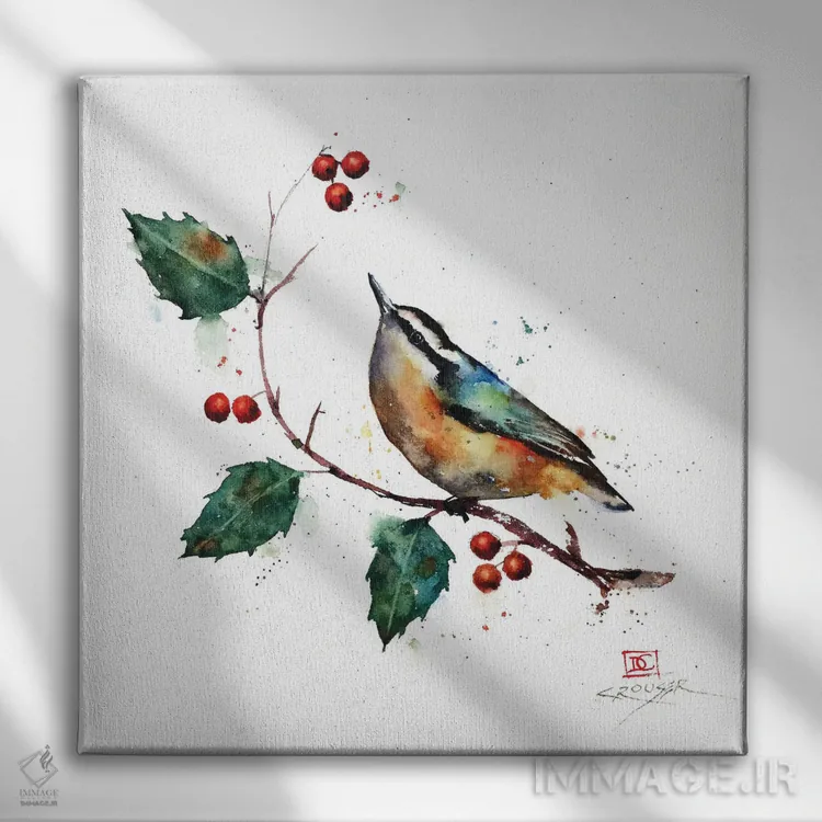 تابلو پرنده ناتهچ و هولی (گونهٔ گیاهی) اثر باور کراوزر - نمای روبهرو روی دیوار