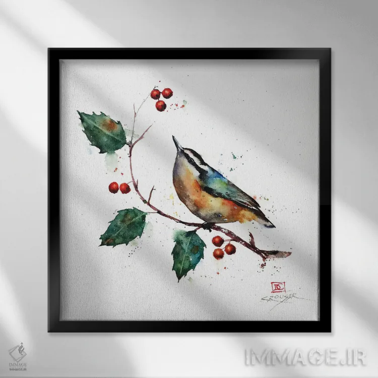 تابلو پرنده ناتهچ و هولی (گونهٔ گیاهی) اثر باور کراوزر - نمای قابدار مشکی
