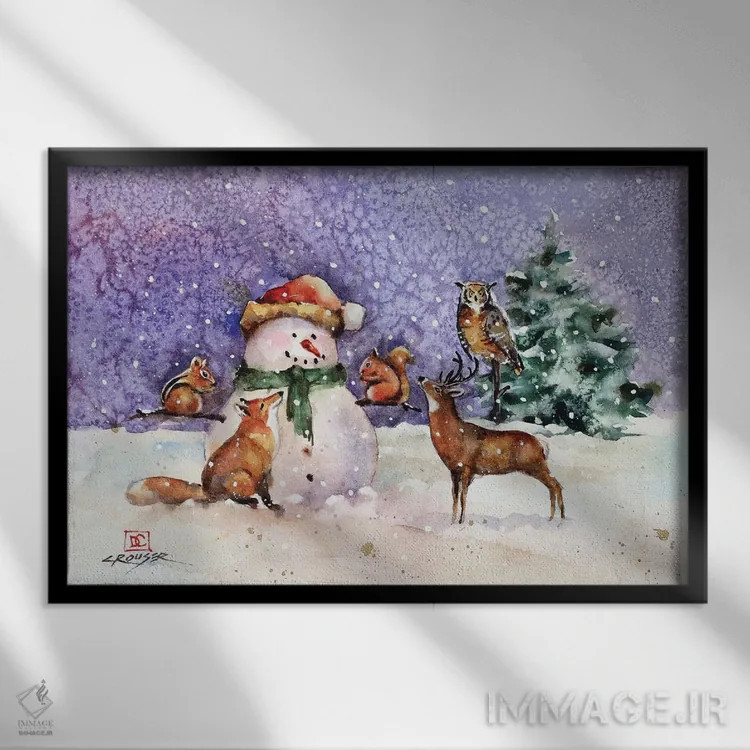 تابلو آدمبرفی و موجودات جنگلی اثر باور کراوزر - نمای قابدار مشکی